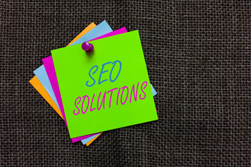 Word writing text Seo Solutions. Business concept for Search Engine Result Page Increase Visitors...