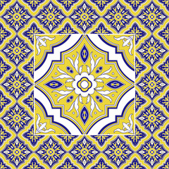Italian tile pattern vector with flower ornaments. Yellow big texture tiled element in center with frame. Portuguese azulejo ceramic, mexican talavera, spanish majolica, venetian mosaic porcelain.