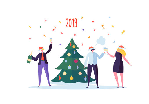 Business People Celebrating New Year 2019 Party. Flat Characters in Santa Hat Toasting Champagne. Christmas Eve with Cartoons, Tree and Confetti. Vector illustration