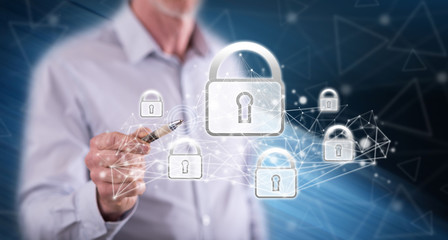 Man touching a network security concept