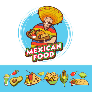 Mexican food. Cute Mexican holding a tray of Mexican food. A set of popular Mexican dishes. Vector illustration.