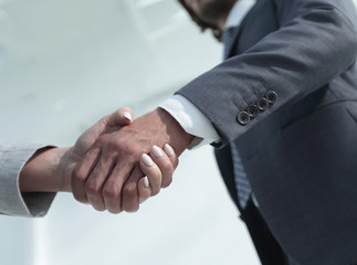 Excited smiling businessman handshaking partner at meeting,