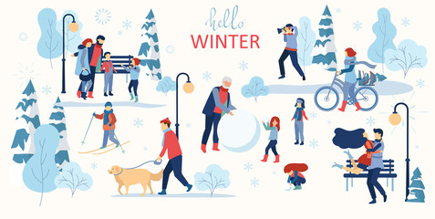 Hello winter poster. People walk outdoors in park.