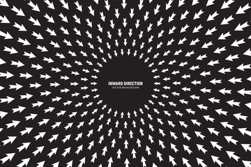 Vector White Arrows in Radial Composition Diverging in Inward Direction on Black Background Abstract Conceptual Illustration