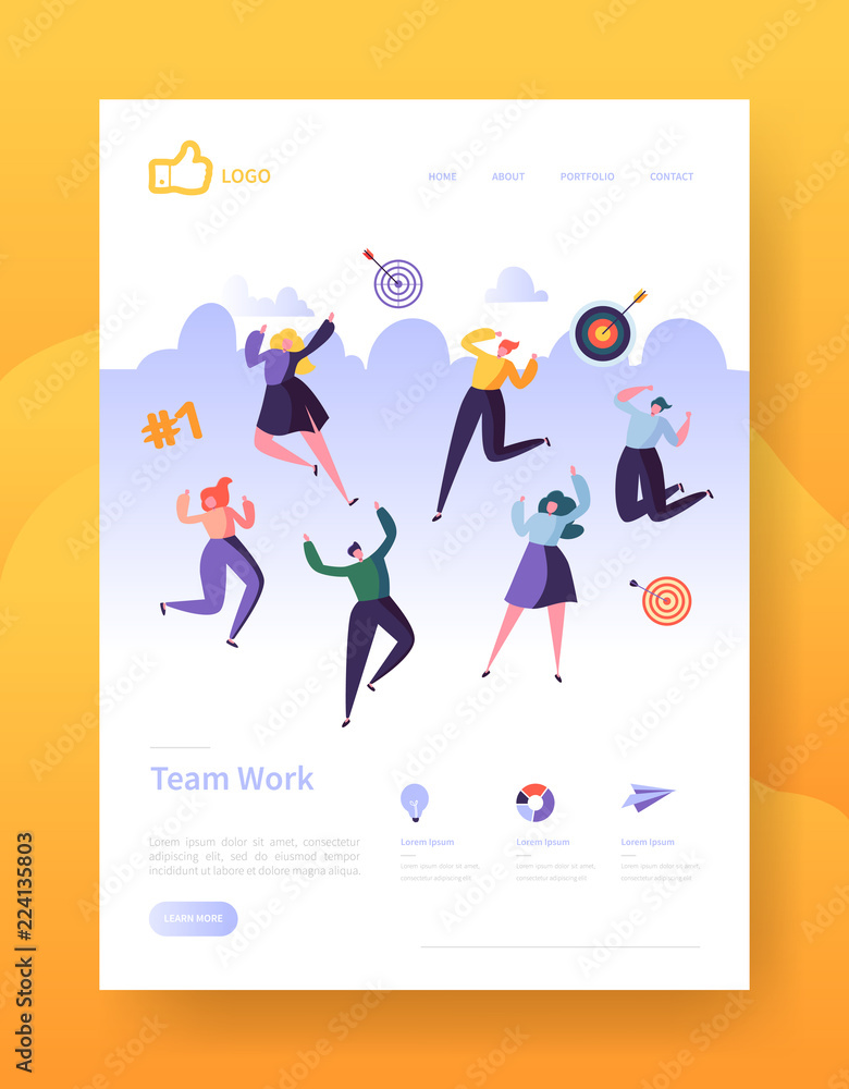 Poster website development landing page template poster, banner. mobile application layout with happy flat 