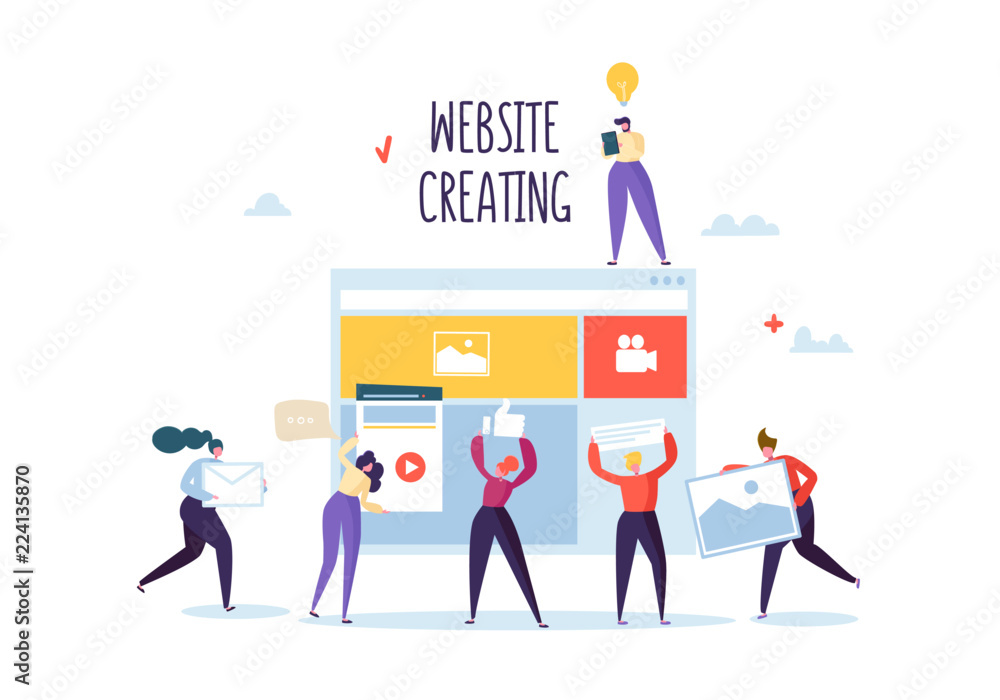 Poster website development concept. flat people characters team work creating web page. user interface mobi