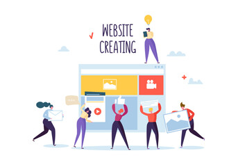 Website Development Concept. Flat People Characters Team Work Creating Web Page. User Interface Mobile Application. Vector illustration