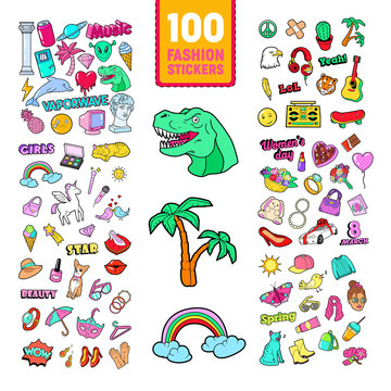 Girlish Doodle with Rainbow and Unicorn. Teenager Style Stickers, Badges and Patches. Vector illustration