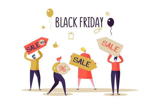 Black Friday Sale Event. Flat People Characters with Price Tags on Shopping. Big Discount, Promo Concept, Advertising Poster, Banner. Vector illustration