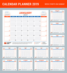 Calendar planner stationery design template for 2019 year. Vector illustration. Week starts on Sunday