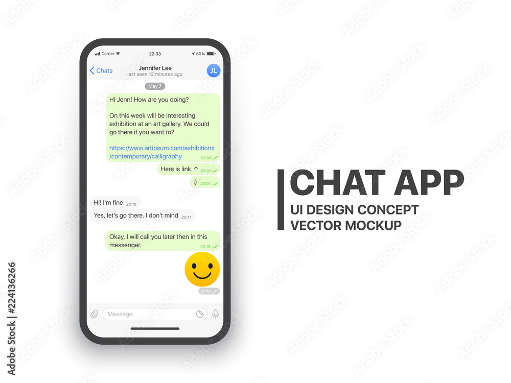 Wall mural mobile chat app ui and ux concept vector mockup in minimalist classic light theme on smart phone scr