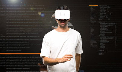 Naklejka premium Man using VR glasses walking. Motion gesture inside the virtual reality mode