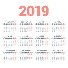 Calendar for 2019 year on white background. Week starts on Monday. 4 columns, 3 rows. Simple calendar vector design element for your poster, flyer, planner, card. Stationery design template