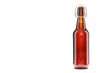 Brown Beer Bottle with cork on a white background with Copy space