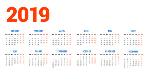 Calendar for 2019 year on white background. Week starts on Monday. 6 columns, 2 rows. Simple calendar vector design element for your poster, flyer, planner, card. Stationery design template