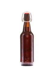 Brown Beer Bottle with cork on a white background with Copy space