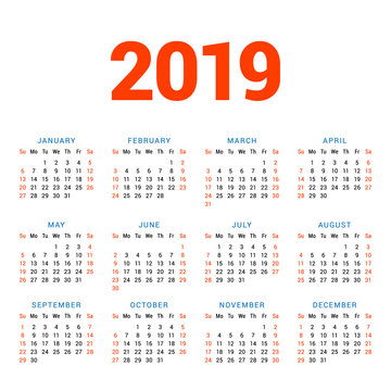 Calendar for 2019 year on white background. Week starts on Sunday. 4 columns, 3 rows. Simple calendar vector design element for your poster, flyer, planner, card. Stationery design template
