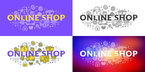 Fototapeta premium Online shop. Flat line illustration concept for web banner and printed materials. Vector illustration in 4 different styles