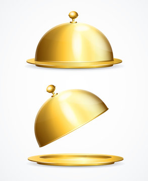 Realistic 3d Detailed Shiny Golden Restaurant Cloche Set. Vector