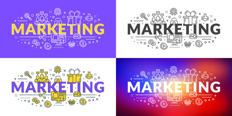 Marketing. Flat line illustration concept for web banner and printed materials. Vector illustration in 4 different styles