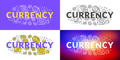 Currency. Flat line illustration concept for web banner and printed materials. Vector illustration in 4 different styles