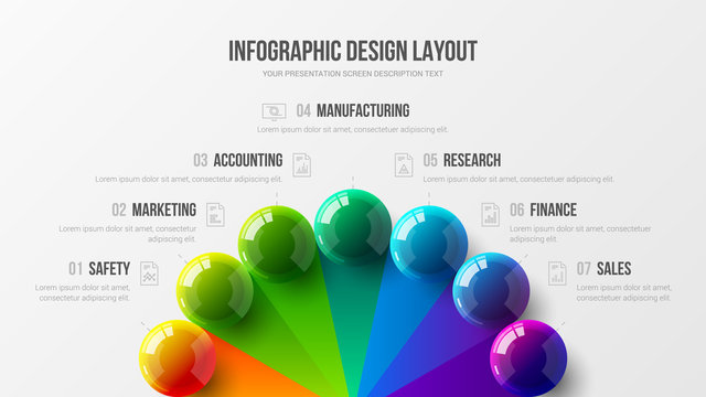 Amazing business infographic presentation vector 3D colorful balls illustration. Corporate marketing analytics data report design layout. Company statistics information graphic visualization template.