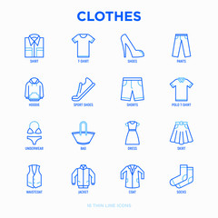 Clothing thin line icons set: shirt, shoes, pants, hoodie, sneakers, shorts, underwear, dress, skirt, jacket, coat, socks. Modern vector illustration.