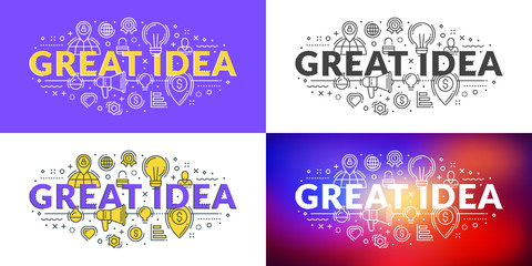 Great idea. Flat line illustration concept for web banner and printed materials. Vector illustration in 4 different styles