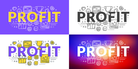 Profit. Flat line illustration concept for web banner and printed materials. Vector illustration in 4 different styles