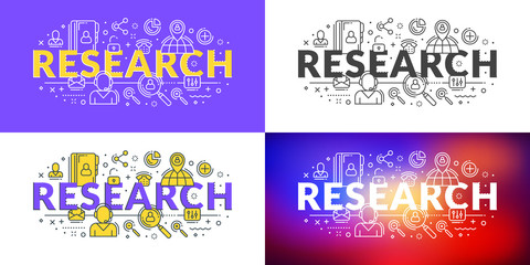 Research. Flat line illustration concept for web banner and printed materials. Vector illustration in 4 different styles
