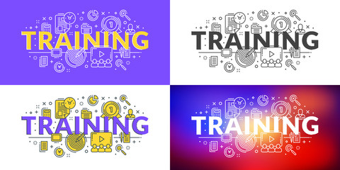 Training. Flat line illustration concept for web banner and printed materials. Vector illustration in 4 different styles