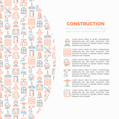Construction concept with thin line icons: builder in helmet, work tools, brickwork, floor plan, plumbing, trowel, traffic cone, stepladder, jackhammer. Vector illustration, print media template