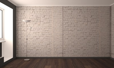 interior. Empty room with white brick walls and lights. Day scene. 3D render	