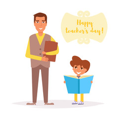 Teacher's day. Schoolboy with a book Vector. Cartoon. Isolated art