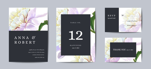 Botanical wedding invitation card Template Design, peony flowers in modern, Collection of Save the date, RSVP in vector © wooster
