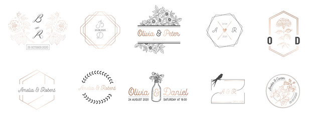 Wedding monogram collection, Modern Minimalistic and Floral templates for Invitation cards, Save the Date, Logo identity for restaurant, boutique, cafe in vector