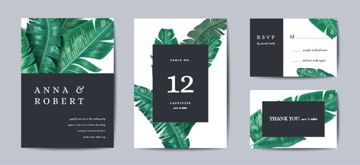 Botanical wedding invitation card Template Design, Tropical Leaves in modern style, Collection of Save the date, RSVP in vector