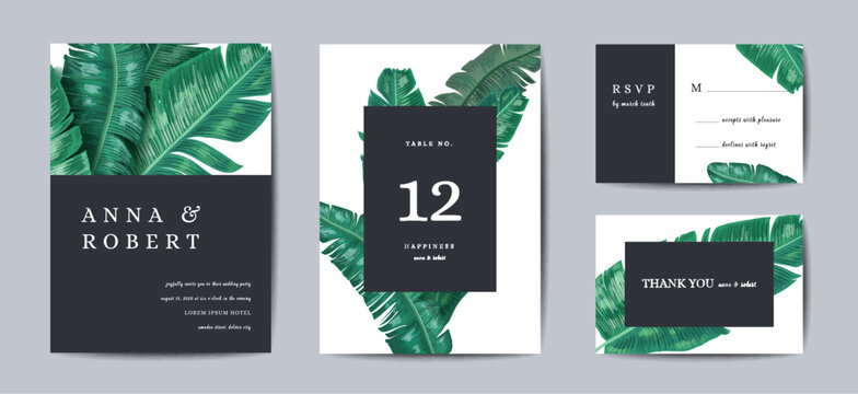 Botanical wedding invitation card Template Design, Tropical Leaves in modern style, Collection of Save the date, RSVP in vector