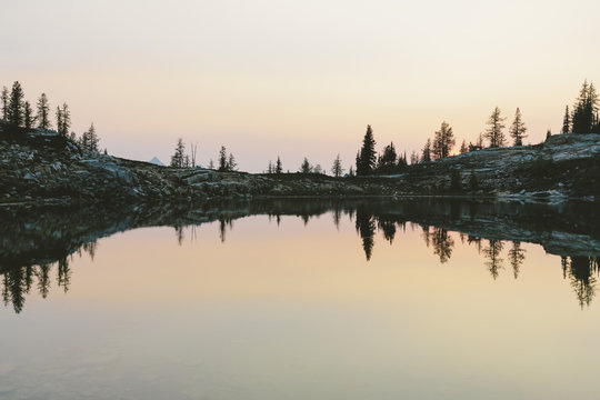Alpine lake at dusk, Snowy Lakes, along the Pacific Crest Trail, North Cascades, Washington