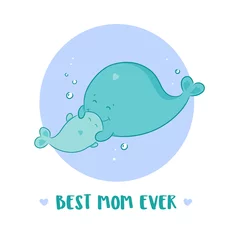 Foto op Plexiglas Beste moeder ooit kaart met moeder en baby walvissen. Leuke cartoonstijl, groen en blauw gekleurd. Vectorillustratie geïsoleerd op wit © creative_jen