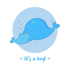 It’s a boy announcement card with mother and newborn baby son whales. Cute cartoon style, blue coloured. Vector illustration isolated on white