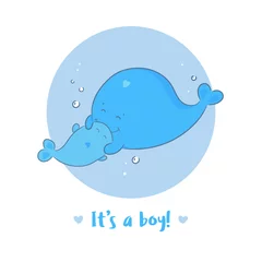 Poster Im Rahmen Es ist eine Jungenmitteilungskarte mit Mutter- und neugeborenen Babysohnwalen. Niedlicher Cartoon-Stil, blau gefärbt. Vektor-Illustration isoliert auf weiß © creative_jen