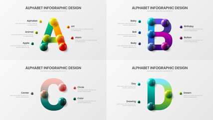 Amazing vector alphabet infographic 3D realistic colorful balls presentation bundle. Creative bright multicolor character design illustration layout. Modern art symbol visualization template set. - obrazy, fototapety, plakaty