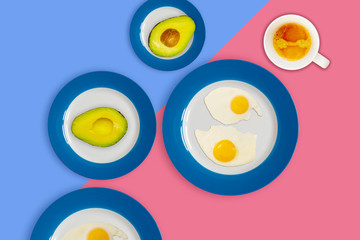 avocado, egg and coffee cup flat lay, mockup,  breakfast concept.Top view.