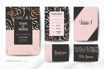 Wedding Invitation Cards Collection. Save the Date, RSVP, Signs with trendy Animal Skin golden texture background illustration in vector
