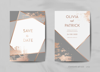 Wedding Invitation Cards Collection. Save the Date, RSVP with trendy texture background and gold geometric art deco frame design illustration in vector