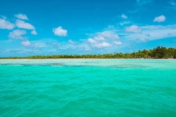 Fakarava atoll surrounded by blue lagoon, French Polynesia. 