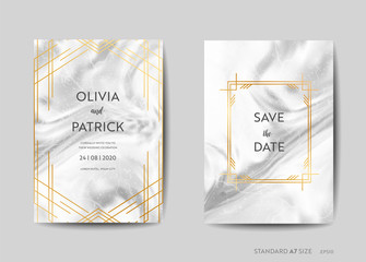 Wedding Invitation Cards, Art Deco Style Save the Date with trendy marble texture background and gold geometric frame design illustration in vector