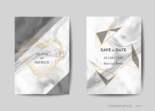 Wedding Invitation Cards, Save the Date with trendy marble texture background and gold geometric frame design illustration in vector