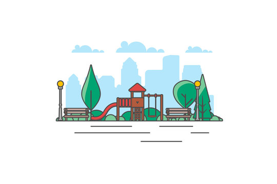City park bench, lawn and trees, street lamp. Flat style line vector illustration